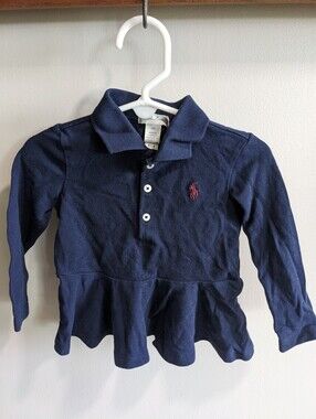 Ralph Lauren Polo Baby Peplum Blue Long Sleeve Shirt Top - 18m Preppy Pony